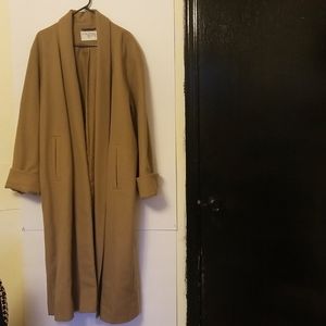Women's full-length open front wool coat.